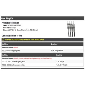 Glow Plug Kit - Set of 4 - Compatible with 1999-2004 Volkswagen Jetta 1.9L TDI Diesel
