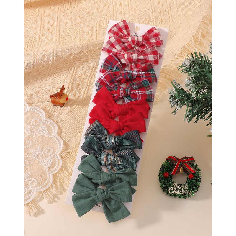 10 Pcs Christmas Hair Bows for Girls, Plaid Holiday Hair
