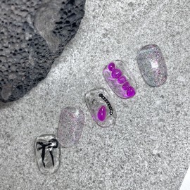 ˡᴬᴺᵀᶤˡ [Swa Stone] Magenta Ribbon Handmade Nail Tip - Short Nose Pin / ˡᴬᴺᵀᶤˡ [스와 스톤] 마젠타 리본 수제네일 팁 - 숏코핀