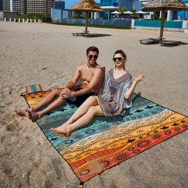 TNLG Extra Large 86.6×70.8 inches Beach Mat - Sand-Proof Waterproof Polyester Picnic Blanket for Outdoor, Portable Foldable, with 4 Plastic Stakes and 1 Mesh Bag(Quick-Dry, Striped)
