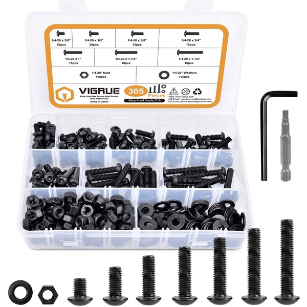 VIGRUE 305Pcs 1/4-20 Button Head Socket Cap Screw Bolts Nuts