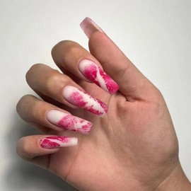 Valentine's Press on Nails Coffin Long Fake Nails Cute Glue on Nails with Deep Pink Lips Pattern Design Matte Pink White Gradient Artificial Nails for Women Girls Valentines Manicure Decor 24Pcs