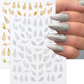 Angel Wings Nail Stickers Laser Metallic Angel Wings Nail Decals 3D Self-Adhesive Holographic Gold Silver Wings Letter Decals Stickers Design Nail Art Supplies for Nails Manicure Decorations 6 Sheets