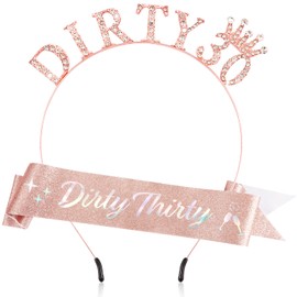 SuPoo 30th Birthday Sash and Headband 30th Birthday Decorations for Her Dirty 30 Birthday Crown Tiara 30th Birthday Gifts for Women Thirty Party Decorations Happy Birthday Girl Headband