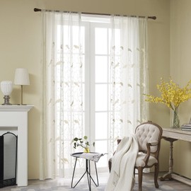 VOGOL Bird Embroidered Sheer Curtains, Beige Birds Pattern Sheer Curtain Window Drapes for Living Room, Country Style Light Filtering Voile Panels for Farmhouse, 2 Packs, 59 x 79