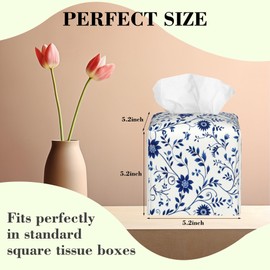 Blue and White Floral Tissue Box Cover,Abstract Boho Flowers Botanical Waterproof Leather Square Tissue Box Cover Case Facial Paper Organizer Dispenser Box Holder for Home Office Bathroom Vanity