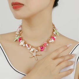 RUOFFETA Shell Starfish Necklace Bracelet Conch Statement Chunky Necklace Mermaid Costume Jewelry Beach Jewelry for Women(Necklace 2)