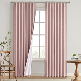 EMEMA - Cortinas opacas de lino rosa bebé de 96 pulgadas de largo, juego de 2 paneles para recámara, pestaña trasera, aislamiento térmico, 100% negro, ganchos plisados, oscurecimiento de habitación
