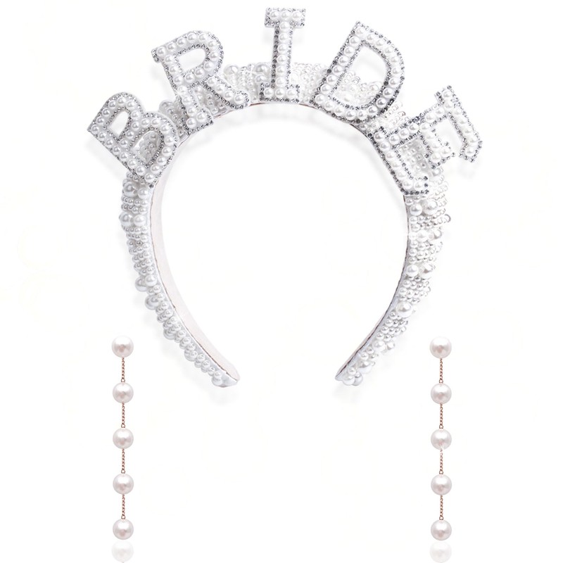 JeVenis Set of 2 Bride Hairband Pearl Earrings Bride To