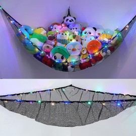 Stuffed Animals Net or Hammock Kids Toy Storage Organizer with LED Light Hanging Corner Stuffed Animals Holder Kids Girls Room Decor(Pack of 1)