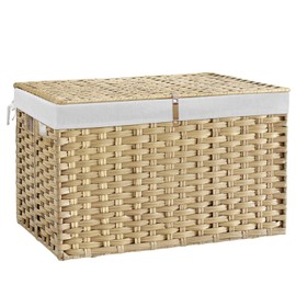 180L Wicker Storage Basket with Lid, Handwoven Rattan Large Shelf Basket with Removable Liner, 47.6 Gallon Wicker Basket for Blanket, Storage Trunk with Handle for Bedroom, Livingroom, Goose Yellow