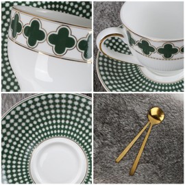 YALONG European Style Ceramic Coffee Cup and Saucer Sets - Green Four Leaf Clover Design - Set of 2 for Latte, Cappuccino, Tea - 7oz Bone China Ceramic