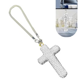 Zikefest Bling Car Mirror Hanging Ornament, Cross Crystal Rhinestone Rear View Mirror Pendant, Religious Rearview Mirror Decoration Charm, Cross for Car, Automotive Interior Accessories (Silver)