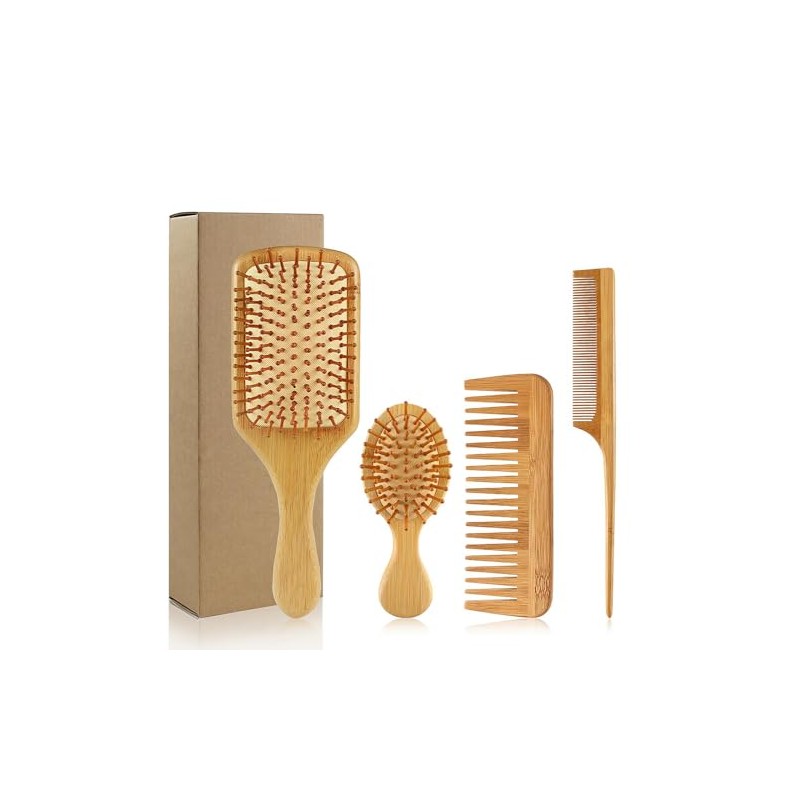 Juego de 4 Cepillos y Peines de Bambú para Cabello