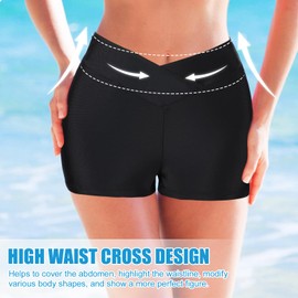 Swim Shorts Women Women's Swim Bikini Shorts High Waisted Bikini Bottoms (UK, Alpha, L, Regular, Regular, Black)