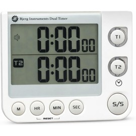 Bjerg Instruments Dual Digital Kitchen Timer – Count Up & Countdown Timer with Large LCD Display, Magnetic Back, Loud Alarm, Stand-Up Design (White)