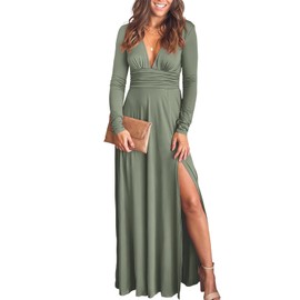 ANRABESS Women Deep V Neck Long Sleeve Slit 2024 Fall Elegant Formal Wedding Guest Cocktail Evening Date Prom Maxi Long Dress Green Large