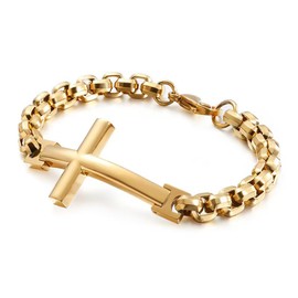 MOOSKI Mens Cross Bracelet,316L Stainless Steel Gold Chain Link Bracelet for Men with Lobster Clasp