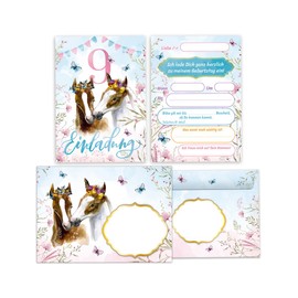 Minkocards 12 Invitation Cards for 9th Children's Birthday Girls Horses Invitation Ninth Birthday Including 12 Envelopes, 12 Party Bags / Petrol Blue, 12 Stickers and 12 Bookmarks