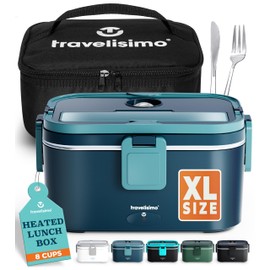 TRAVELISIMO Extra-Large Electric Lunch Box For Adults Holds up to 8 Cups - 80W Heated Lunch Box 1.8L Electric Food Warmers for Travel & Work, Portable Food Warmer - Loncheras Para Hombres De Trabajo