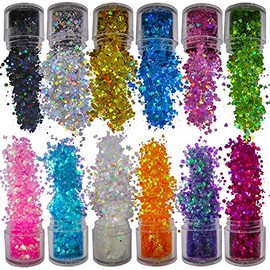 12 colores de mariposa y estrellas con purpurina gruesa, copos holográficos de corazón hexagonal, manualidades, purpurina corporal, lentejuelas para u