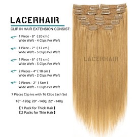 Lacer Hair Straight Hair Clip in Extensions Strawberry Blond 120g 7 Pieces Per Set Grade Quality Silky Straight Double Real Hair Extensions Clip in Human Hair Lace Weft Full Head 16 Inch