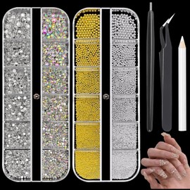 Nail Charms Jewels Manicure Kit with Magnetic Pen Pickup Pencil and Tweezers, Gold Silver Mini Metal Caviar Nails Beads, Flatback Rhinestones Nail Gems for Nail Art Face Makeup and Manicure Decor
