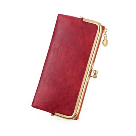 GOIACII Womens Wallet Ladies Vintage Billfold Compact Card Holder Long Zip Clutch Purse with Kiss Lock Red