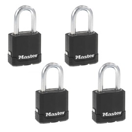 Master Lock Black Outdoor Key Lock, Heavy Duty Weather Resistant Padlock with Cover, Keyed Alike Padlocks for Outdoor Use, 4 Pack, M115XQLF