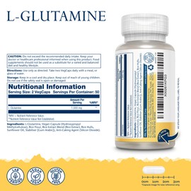 L-Glutamine - 100 Vegan Capsules not Powder - High Strength Amino Acid - Pre Workout Supplement - Non GMO & Lab Verified - Solaray