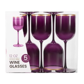 PLASTICPRO Plastic Wine Glasses Set of 5 Elegant Wine Goblets Hard Plastic Wine Cups on Stem 12 Ounce (Purple with Gold Rim, 10)