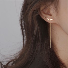 Yheakne Vintage Crystal Star Ear Climber Earrings Tiny Star Ear Threader Earrings Gold Bar Dangle Earrings Long Tassel Threader Chain Earrings Jewelry for Women（Gold）