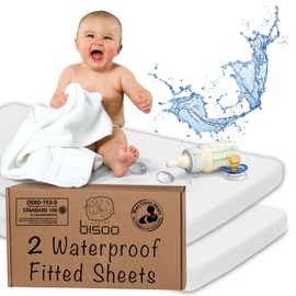 Bisoo 25x85 in / 130x70 cm Toddler Crib Set of 2 White Waterproof Fitted Sheets 2in1 - Fitted Sheet + Waterproof Mattress Protector - 100% Cotton Jersey Oeko-Tex Baby Cots - Soft & Noiseless