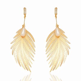 Feather Earrings Leaf Drop Dangle Earrings For Women Boho Long Feather Dangle Earrings Elegant Angel Wing Earrings Vintage Ethnic Style Jewelry Gifts (Gold)