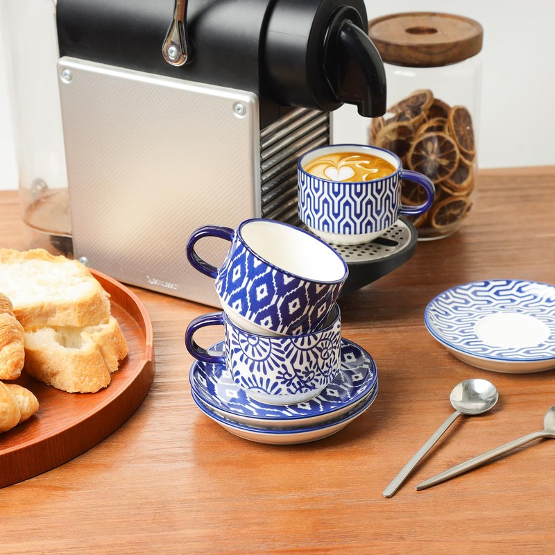 Selamica Ceramic Espresso Cups with Saucers and Metal Stand, 4