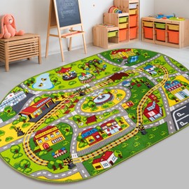 Booooom Jackson Car Rug for Kids-Train Mat-Car Mat for Kids Toy Cars-Road Rug for Toy Cars-Childrens City Playmat-Car Play Rugs for Kids Playroom Bedroom-Race Toy Car Floor Mat-Cars Street Area Rug