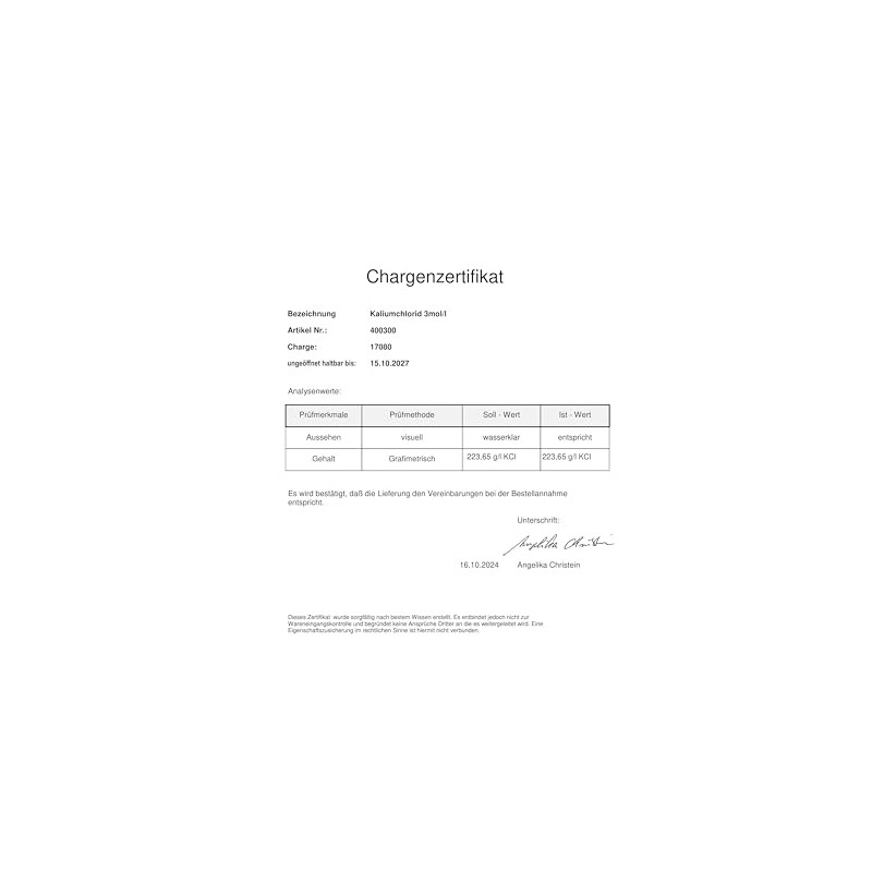 Lasama KCL Potassium Chloride 3mol/l 500 ml Storage Solution Electrolyte