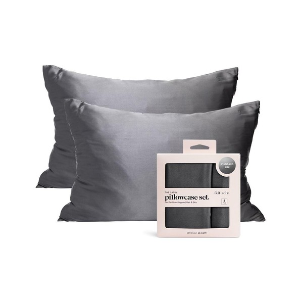 Kitsch Satin Pillowcase for Hair & Skin - Softer Than Silk Pillowcase for Hair and Skin | Cooling Satin Pillowcases with Zipper | Satin Pillow Case Cover Pillow Cases Standard Queen (Charcoal, 2 Pack)