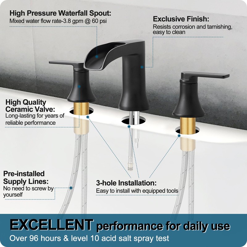 HOIGY Solid Brass Waterfall Bathtub Faucets Set, 3 Hole Matte