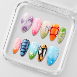 Zfans Almond Shape DreamWear Collection - 100% Handcrafted 3D Press-On Nails | Reusable, Long-Lasting, Salon-Quality Mint Bloom Eco-Friendly Nail Art Set:_Colorful Sparkle_s