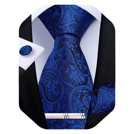 DiBanGu Paisley Ties for Men Silk Necktie and Pocket Square Cufflinks Tie Clip Set Woven Classic Mens Tie for Wedding Party, Royal Blue
