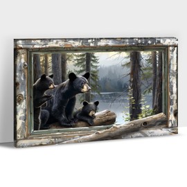 ANRUOXI - Black Bear Wall Art, Wild Animal Window Canvas Wall Art Prints, Black Bear Family in Forest Picture for Living Room Bedroom Wall Decor, Vintage Window 3D Effect Artwork Paintings 12x18 Inch