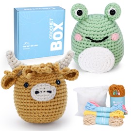 CROCHET BOX Complete Crochet Kit for Beginners - 2 PCS Highland Cow and Frog Crochet Kit, Flower Style, Include Video Tutorial, Instruction, Soft Yarn, Birthday Gift