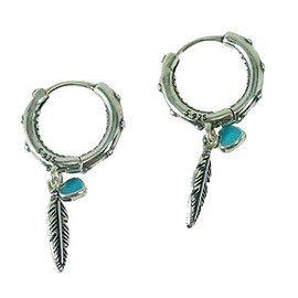 Creole Earrings 925 Silver with Feather and Heart Pendant Indian Jewellery, Sterling Silver, Turquoise