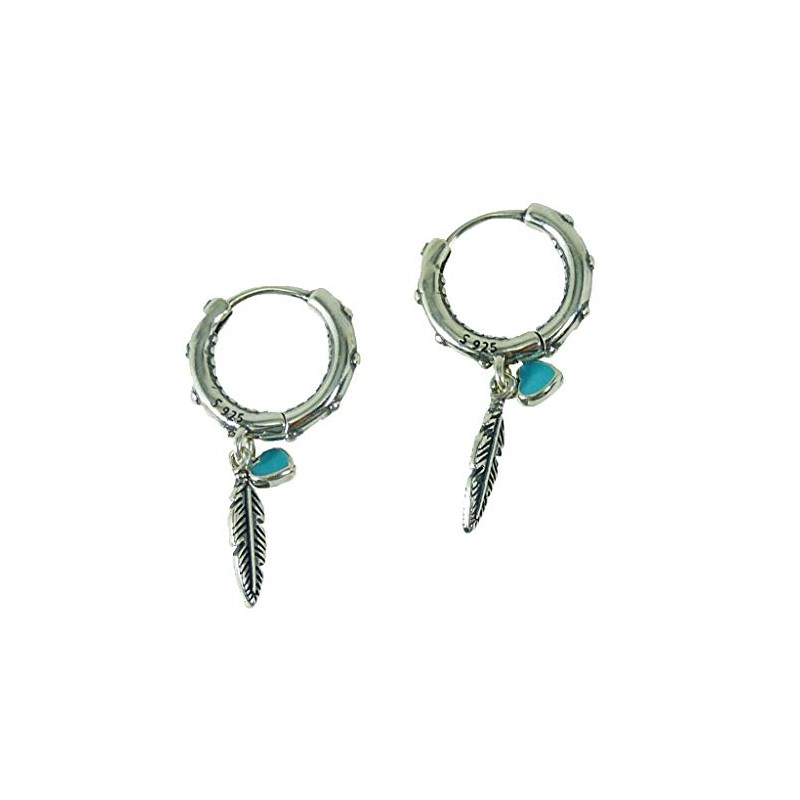 Creole Earrings 925 Silver with Feather and Heart Pendant Indian