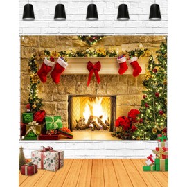Mocsicka Christmas Fireplace Backdrop 7x5ft, Red, Polyester Fabric, Includes Backdrop
