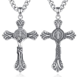 Vito 925 Sterling Silver Saint Benedict Crucifix Necklace for Women Men, St. Benedict Jesus Cross Necklaces Crucifix Pendant Protection Amulet Jewelry Gift, 22"+2" Stainless Steel Cuban Chain