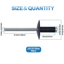 Black Pop Rivets, BESTYCHAO 50pcs Large Aluminum Blind Rivets 4.8mm x 12mm, Large Flange Pop Rivets