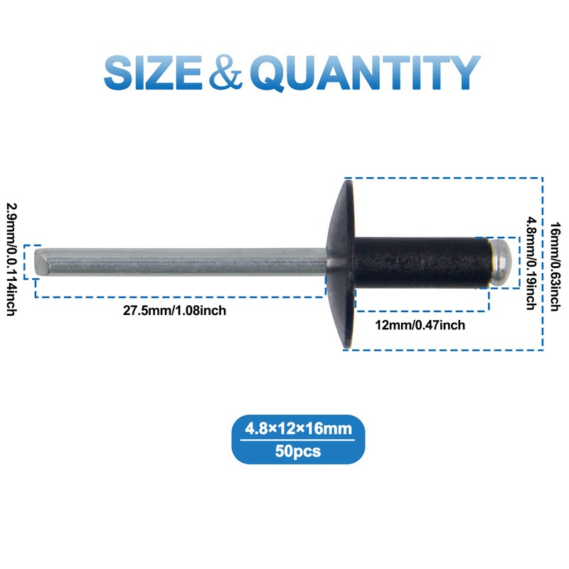 Black Pop Rivets, BESTYCHAO 50pcs Large Aluminum Blind Rivets 4.8mm