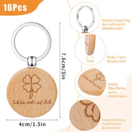 Zoyomax Pack of 16 wooden key rings, lucky charm, round key ring, wood, clover leaf lucky charm with engraving 'Ich bin stolz auf dich', lucky charm key ring for gifts, decoration etc, wood-coloured
